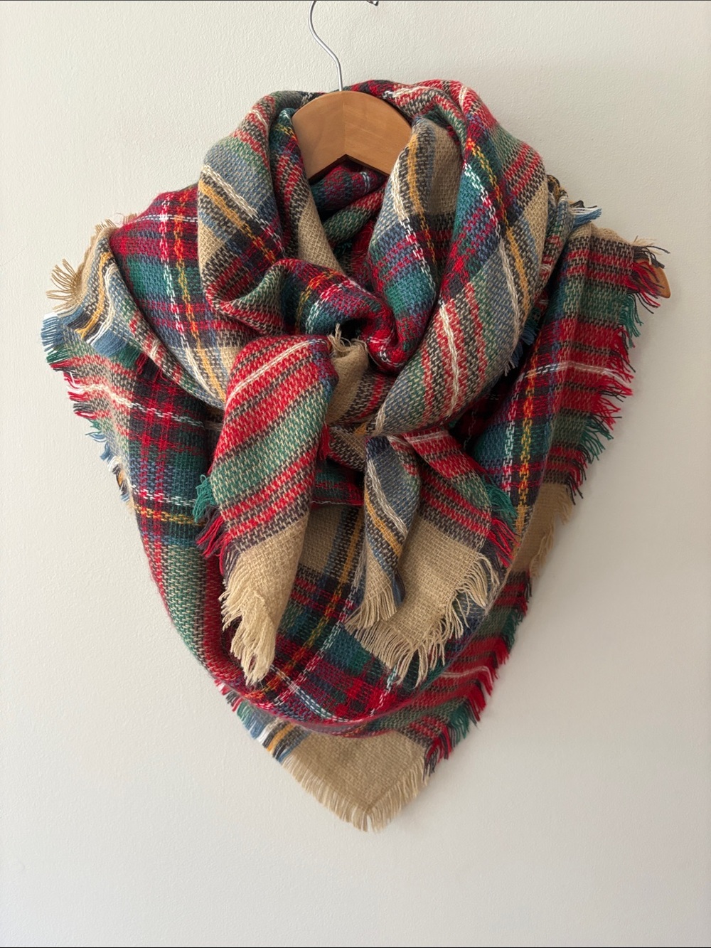 Oversized Blanket Scarf Tan Red Green Tartan